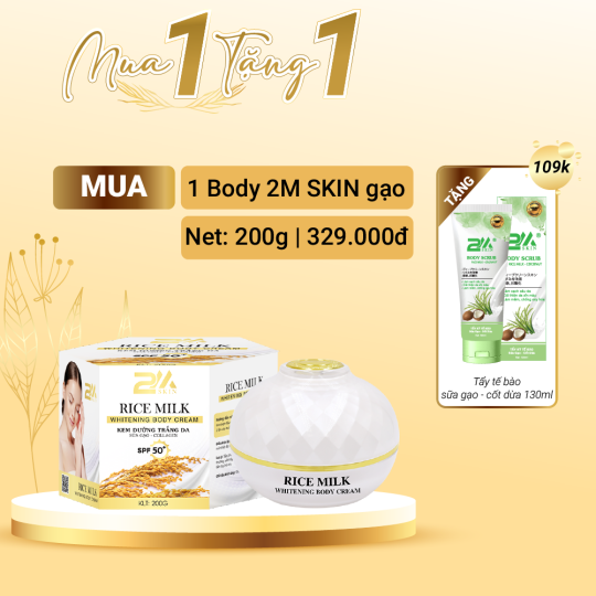 [COMBO] 2M SKIN kem dưỡng body trắng da toàn thân sữa gạo collagen 200g TẶNG tẩy tế bào da chết