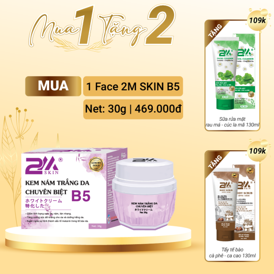 [COMBO] 2M SKIN kem nám trắng da chuyên biệt B5 30g TẶNG sữa rửa mặt + tẩy tế bào da chết