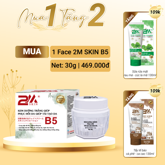 [COMBO] 2M SKIN kem dưỡng trắng giúp phục hồi da giúp tái tạo B5 30g TẶNG sữa rửa mặt + kỳ tế bào da chết